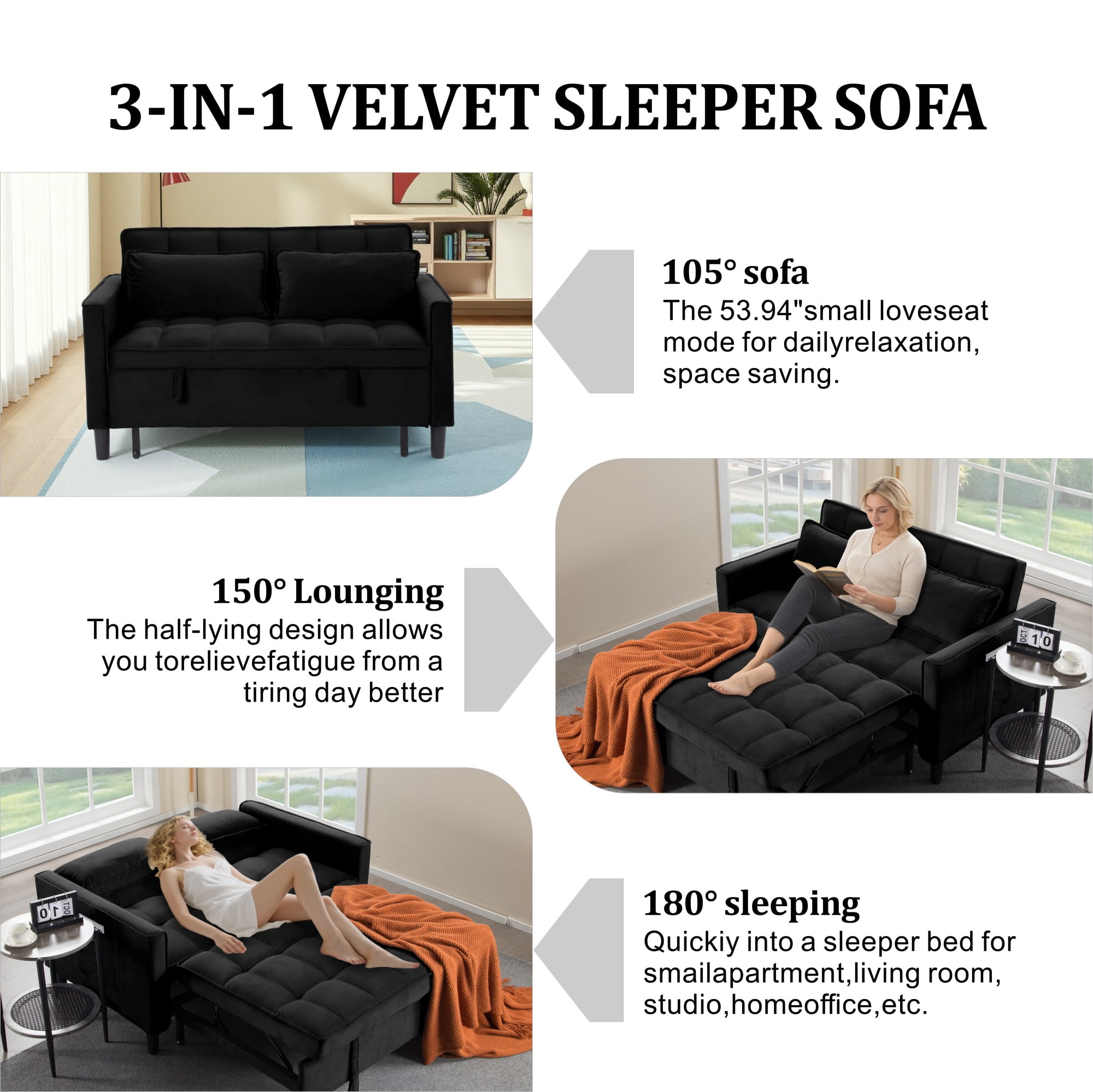 Gewnee 53.94" Pull-Out Sofa Bed – Convertible Twin Size Sleeper Bed,3 Adjustable Backrest Angles & Storage Side Pocket for Living Room,Office,Guest Room.Black Velvet
