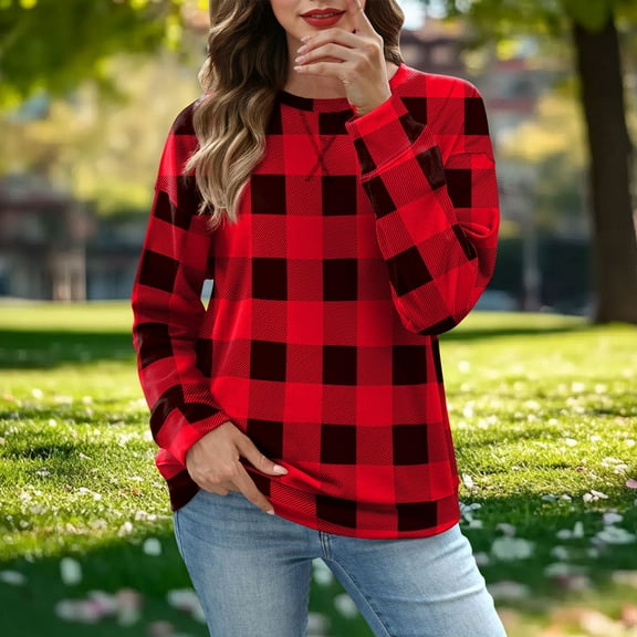 QUNYINEY Fall T Shirts for Women Crew Neck Plaid Long Sleeve Tops Loose Fit Pullover Graphic Tees