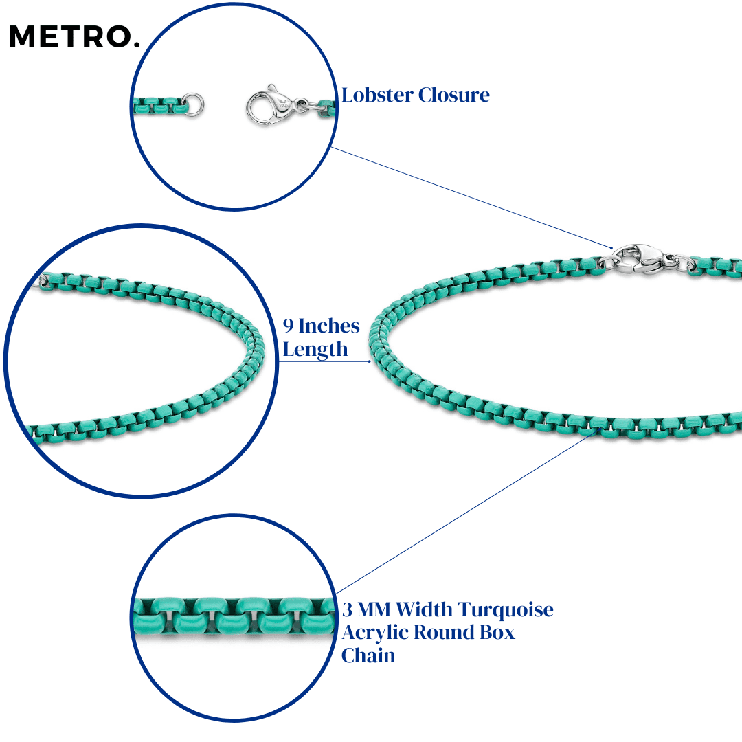 Stainless Steel Turquoise Acrylic Bracelet for Men 9 Inches Box Chain 3 mm Wide Lobster Claw by Metro Jewelry