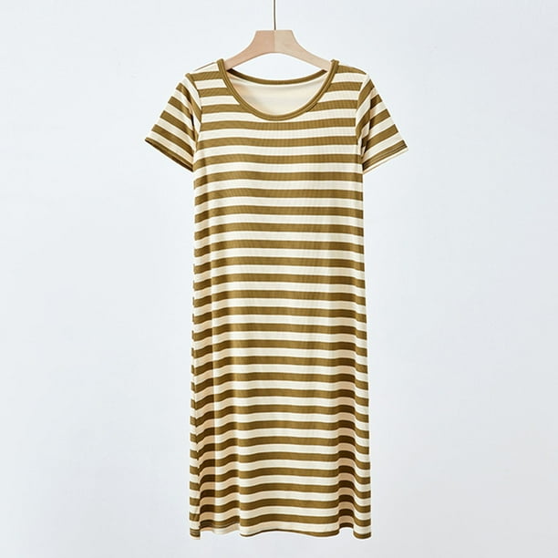 Camisola corta de verano para mujer, a rayas, cuello redondo, con cojín en el pecho, holgada y cómoda, de algodón.