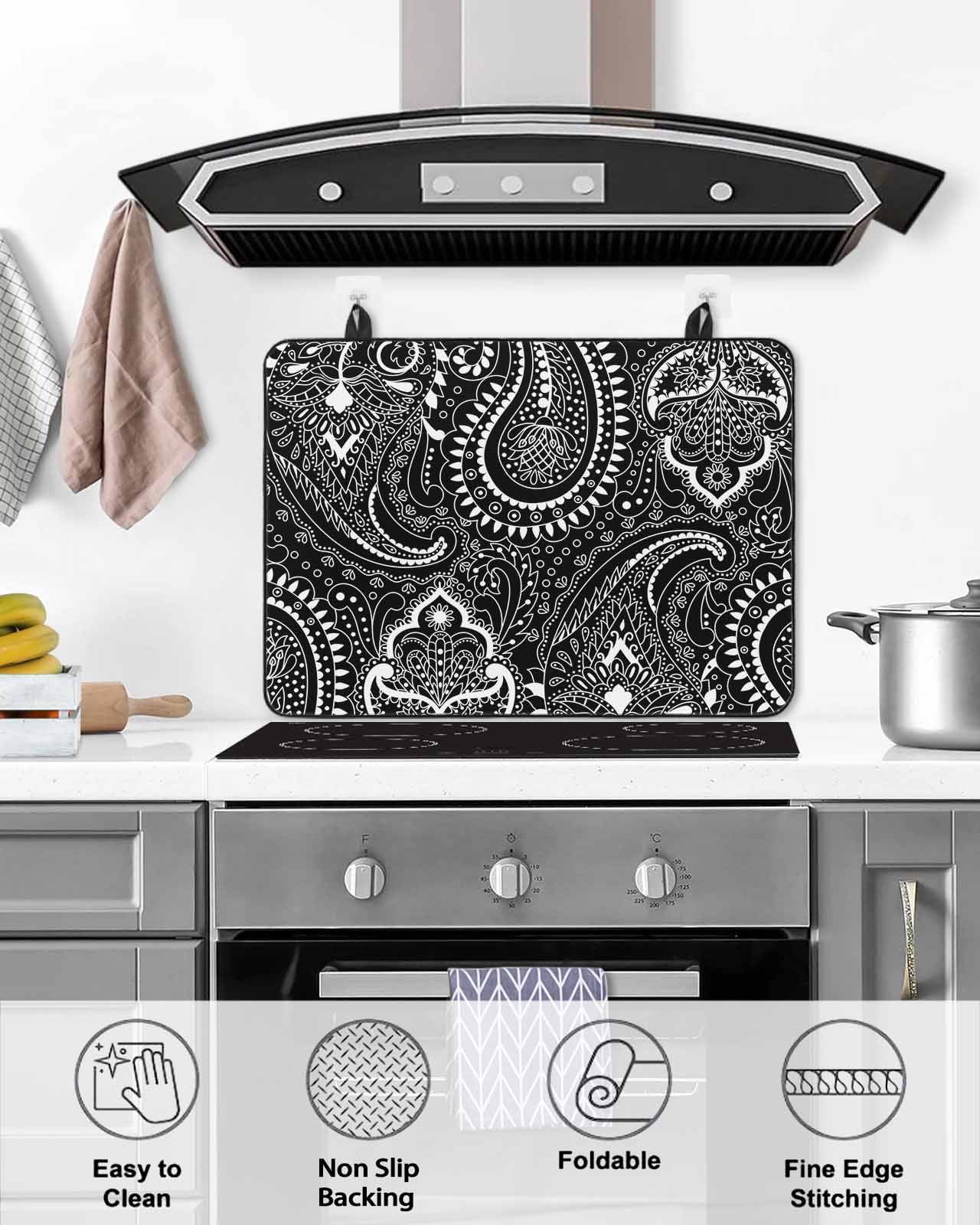 Large Induction Cooktop Protector Mat Black Pesley Flower Stove Top Covers for Electric Stove, Boho Vintage Ethnic Floral Plant Decorative Stove Burner Cover Mats, Glass Top Stove Cover