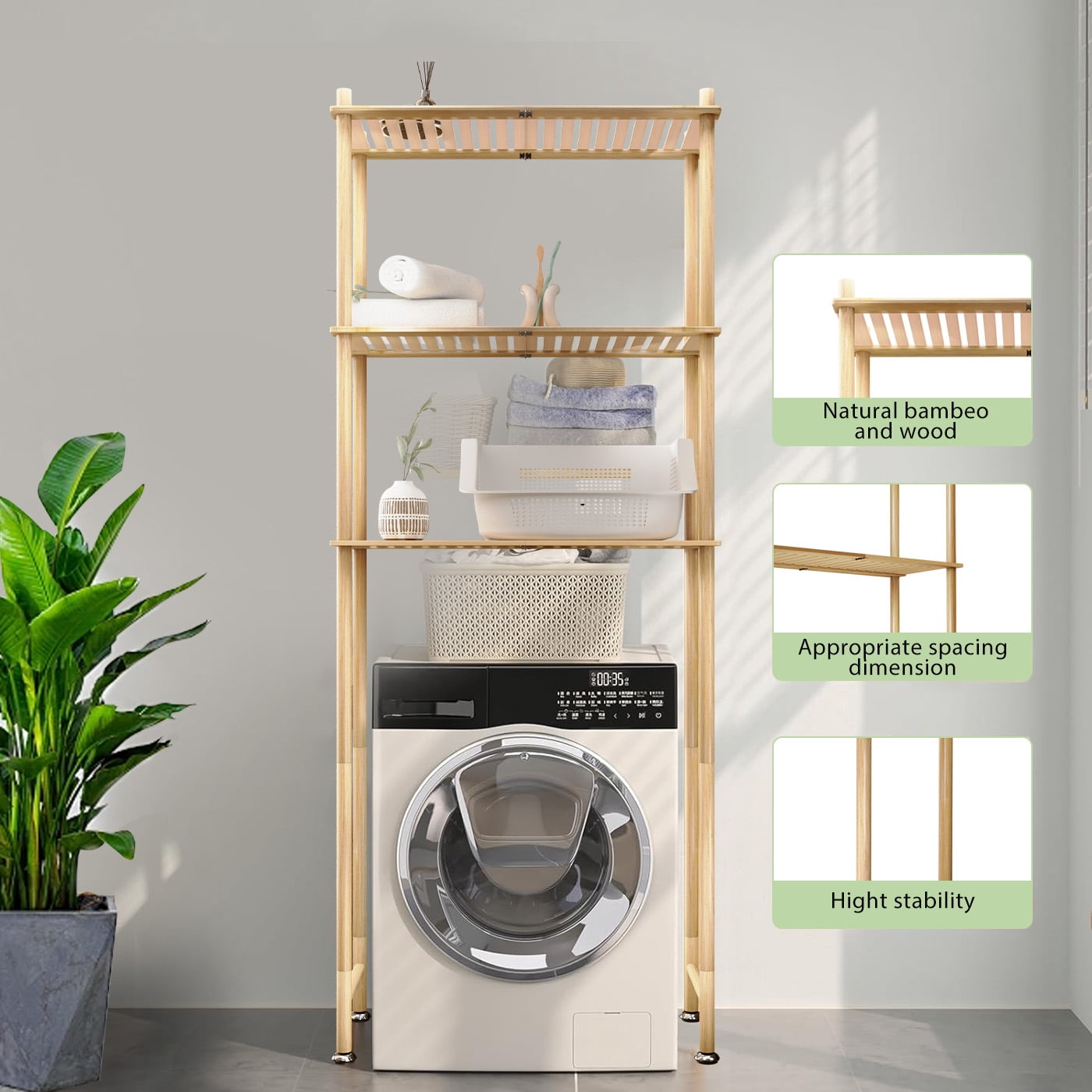 Bamboo Over the Toilet Storage Shelf, 3 Tier Freestanding Organizer Rack for Bathroom & Laundry Space-Saving Design Natural Color