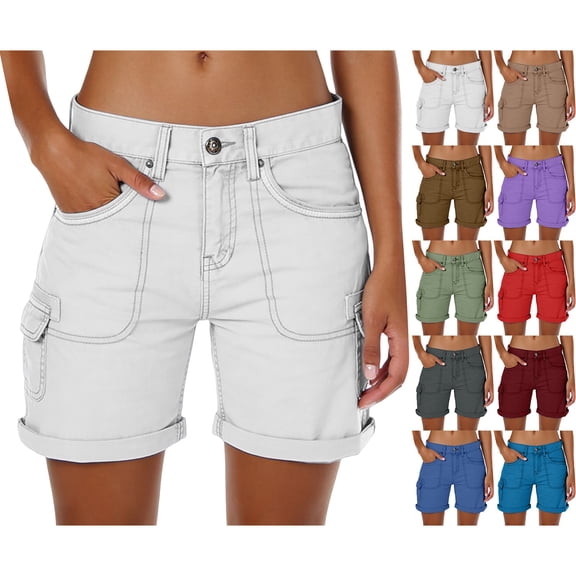 Shorts for Women BWASD Summer High Waisted Button Shorts with Pockets Solid Color Casual Beach Vacation Clothes Loose Cargo Pants for Hiking Workout (White,L)