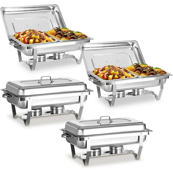 EVGTTI 4 Pack Chafing Dish for Buffet, 8QT Roll Edge Designed Chafing Dish Buffet Set, Stainless Steel Food Warmer with 1/2 Size Pan for Parties, Church Events