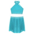 thumbnail image 4 of Fldy 2Pcs Kids Girls Crop Top with Irregular Skirts Lyrical Dress Ballet Dance Costume Ice Skating Dress Blue Green 14, 4 of 5