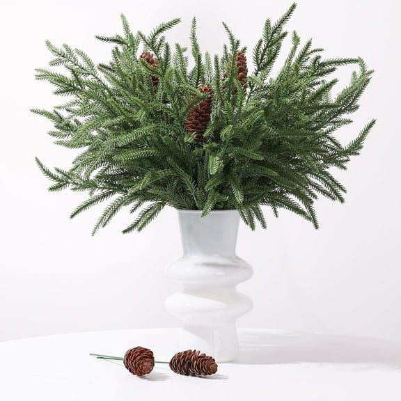 Miguan Norfolk Pine Stems 20pcs 8 Green Branches   12 Brown Pinecones Christmas Decor Home Decorative
