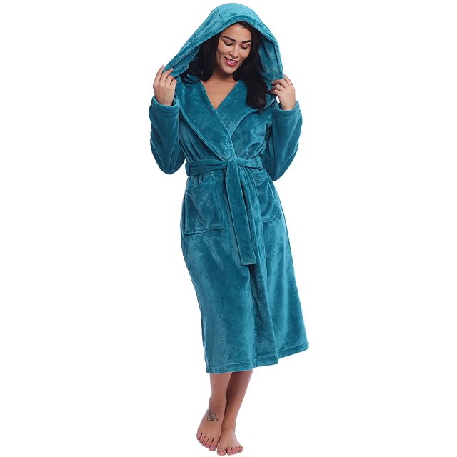 Women Plush Fleece Robe Long Warm Bathrobe Shawl Collar/Hood