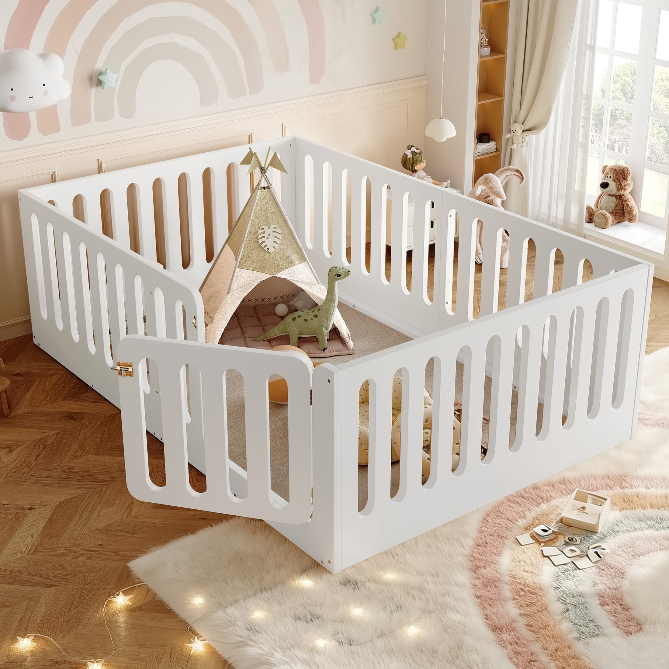 Noble House Full Size Montessori Floor Bed with High Fence, Solid Wood Kids Bed Frame, White