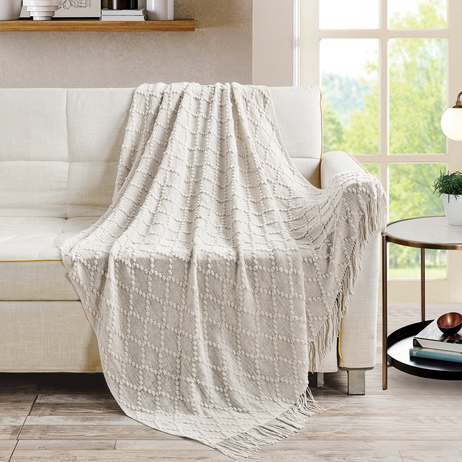 Bourina Texture Pure Color Soft Throw Blanket and Sofa Or Bed Knitted Decorative Blanket 50 x70 inches Jacquard Diamond Beige, for Adults.