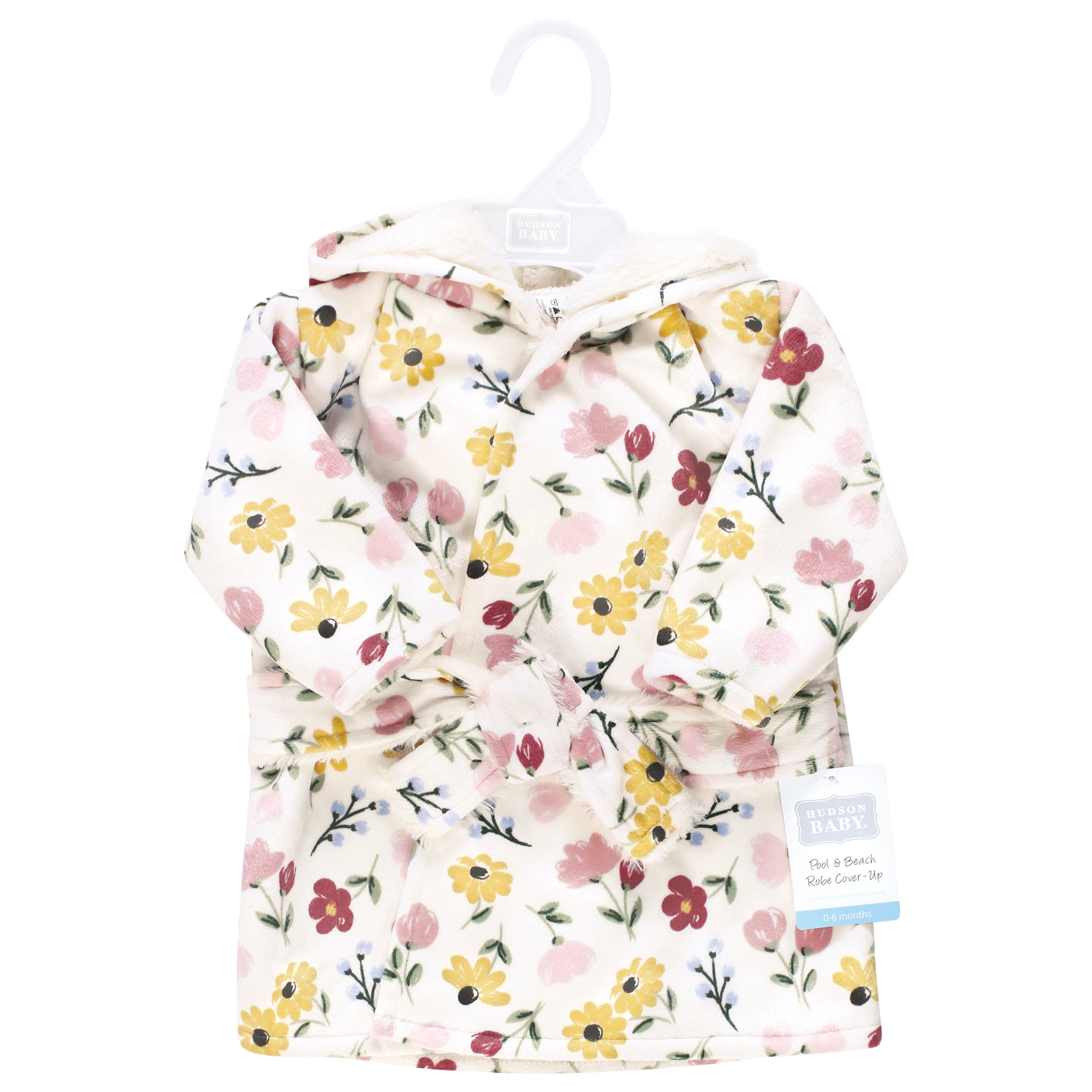 Hudson Baby Infant Girl Mink with Faux Fur Lining Pool and Beach Robe Cover-ups, Soft Painted Floral, 18-24 Months