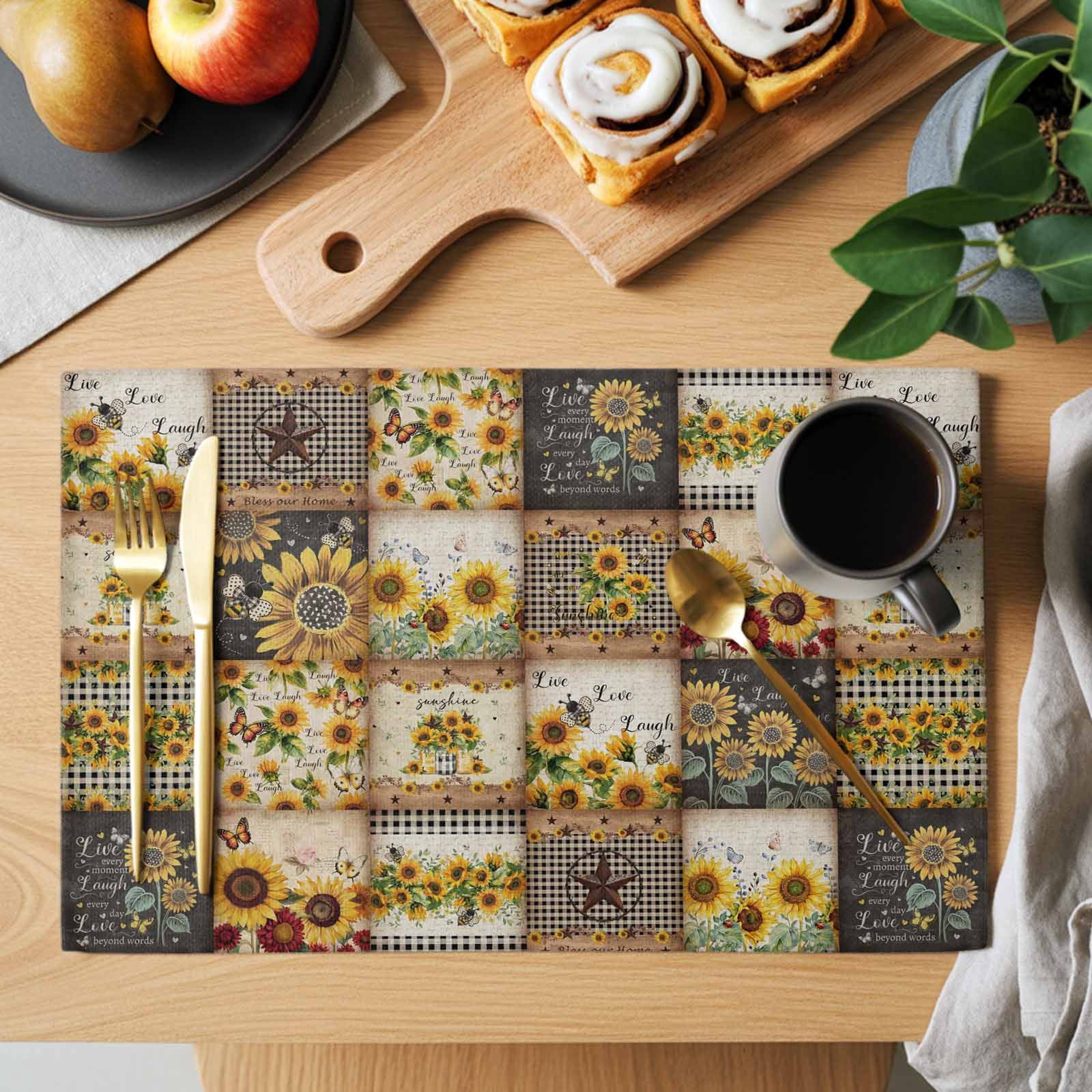 Sunflowers Placemats Set of 4, Farmhouse Vintage Western Texas Star Plaid Placemats for Dining Table, Place Mats for Kitchen Tabletop, Waterproof Wipeable Dining Table Mats Set