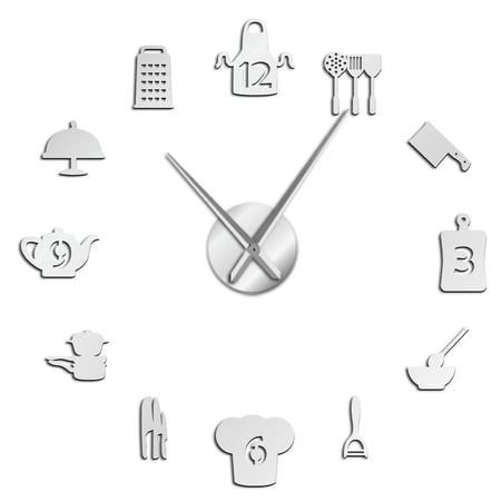 Kitchen Tools Frameless Wall Clock Stickers, DIY Modern Decorative Clocks for Living Room, Bedroom, Office - Easy to Install, Large 3D Clock Design (Silver,27in)