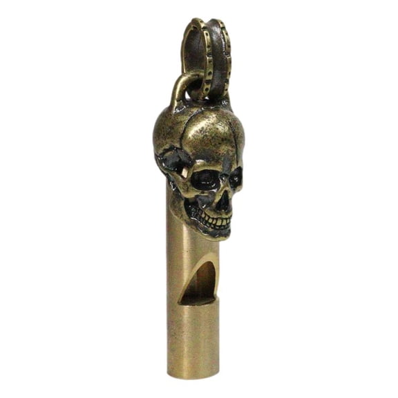 Solid Brass Polished Gold Finish Ghost Skull Head Death Whistle With Ring