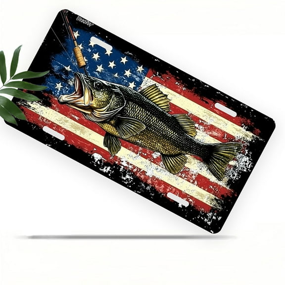 License Plate, Bass against American Flag Decorative Front,Personalized Stainless Steel License Plate Cover For Men Women,12.2" X 6.2"