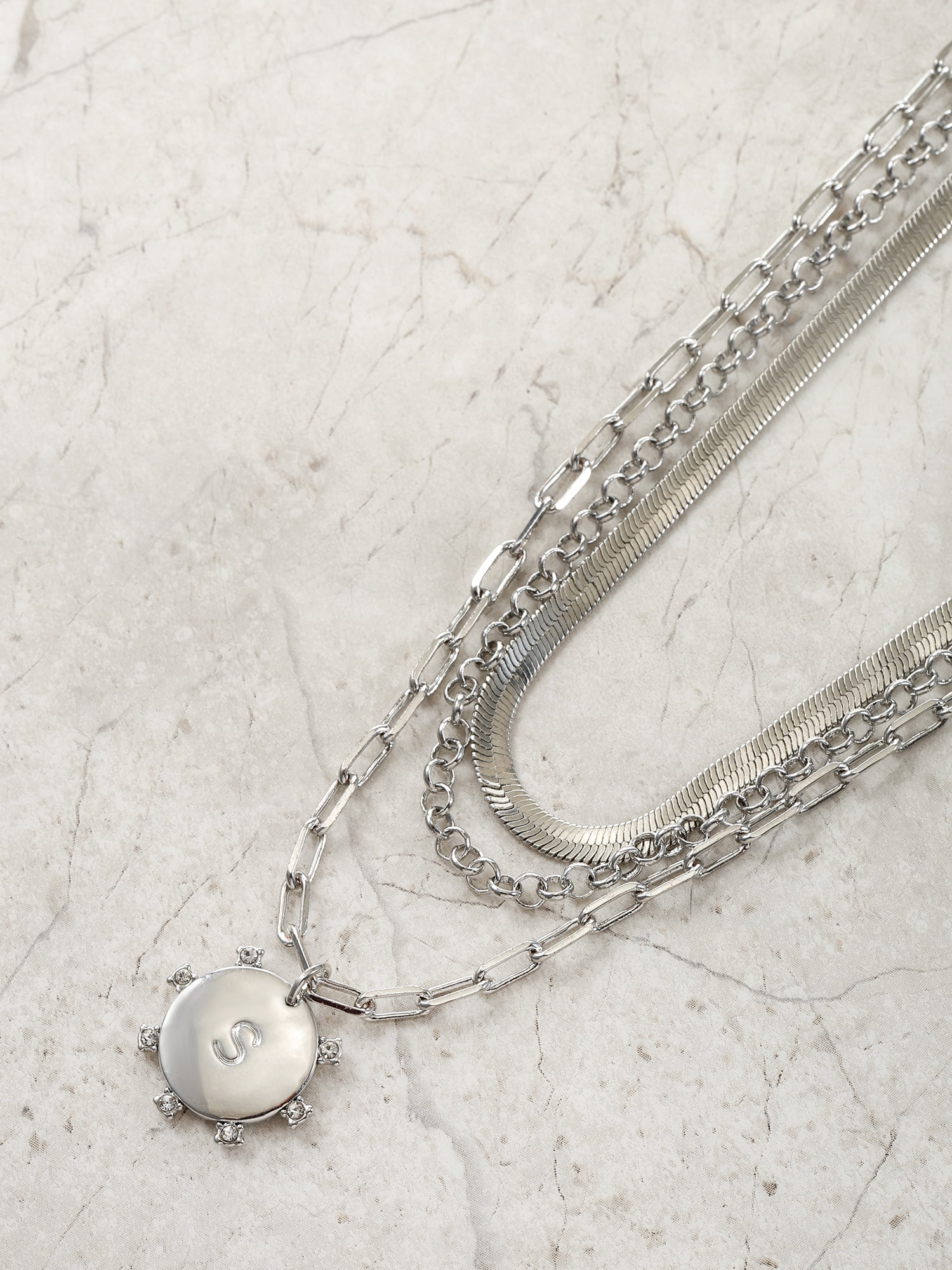 Time and Tru Silvertone Necklace, 3 Piece, Initial S