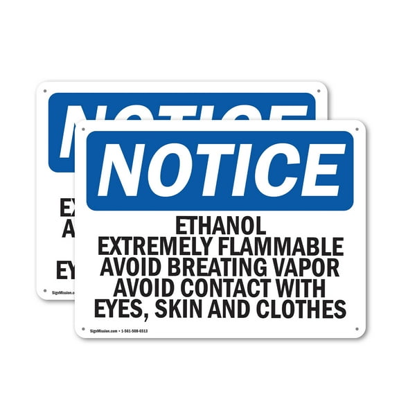 (2 Pack) Ethanol Extremely Flammable Avoid Breathing OSHA Notice Sign 14 Inch X 10 Inch Indoor / Outdoor Rust-Free Aluminum Metal Signs for Workplace, Workshop, and Construction Site,