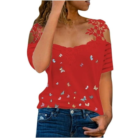 

Long Sleeve Shirts for Women Womens Long Sleeve Tops Cold Shoulder T Shirts for Women Hollow Out Short Sleeve Blouse Summer V Neck Lace Graphic Tee Loose Fit Tops Workout Tops Red S