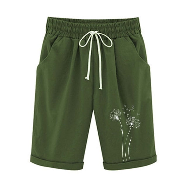 Pantalones Elásticos de la Cintura para las Mujeres Impresos Medias Pantalones Cortos, Bolsillos Casuales Poliéster para Toda la Temporada