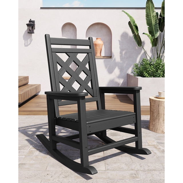 Edtara Weather Resistant Outdoor Rocking Chair, Hdpe Construction With Wood Texture Finish, 380 Lbs Support, Perfect Porch Rocker for Patio, Balcony, Backyard and Garden