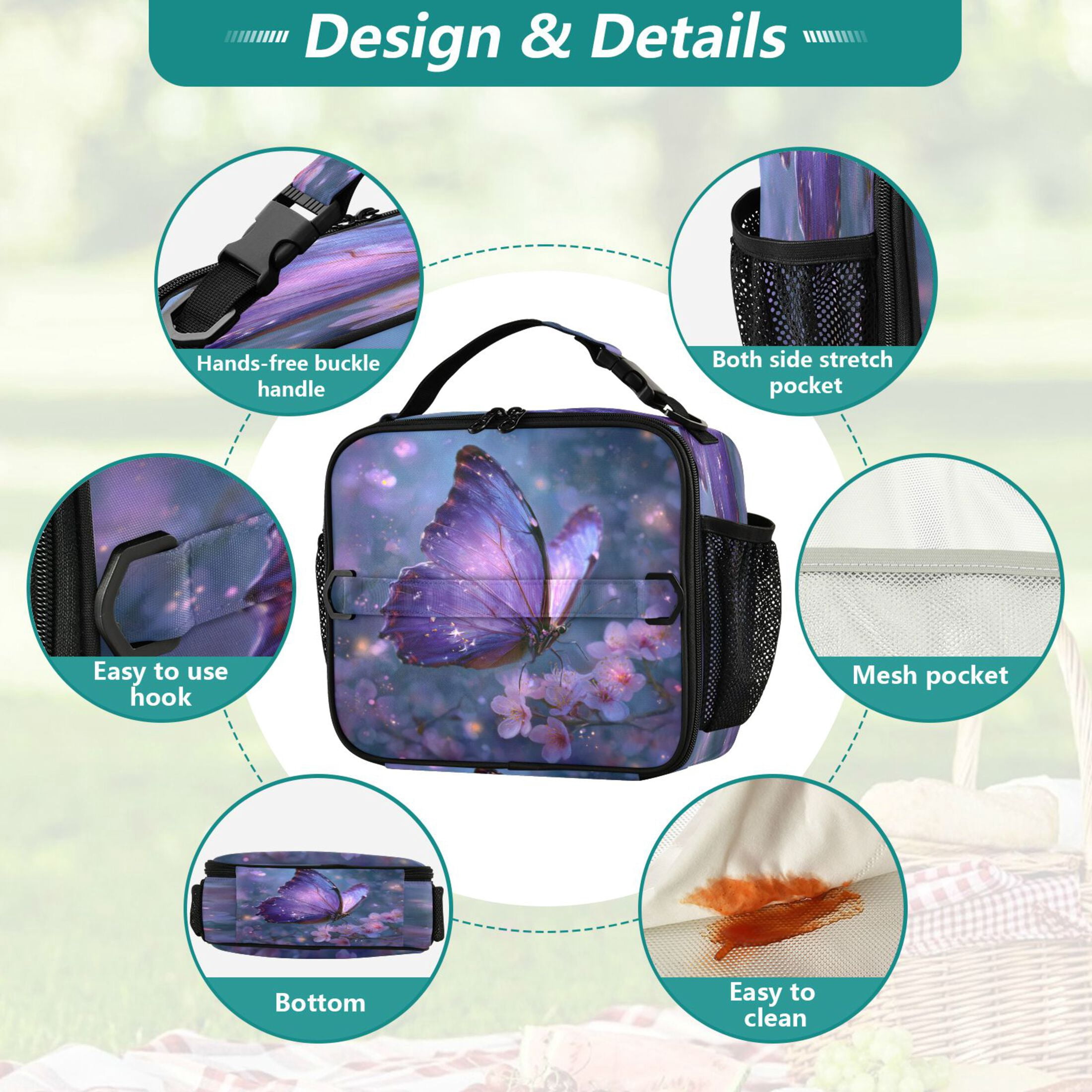 Wobogo Sakura Purple Butterfly Lunch Bag Insulated Portable Cooler Tote Bag for for Adults Kids Work Office School Picnic Beach