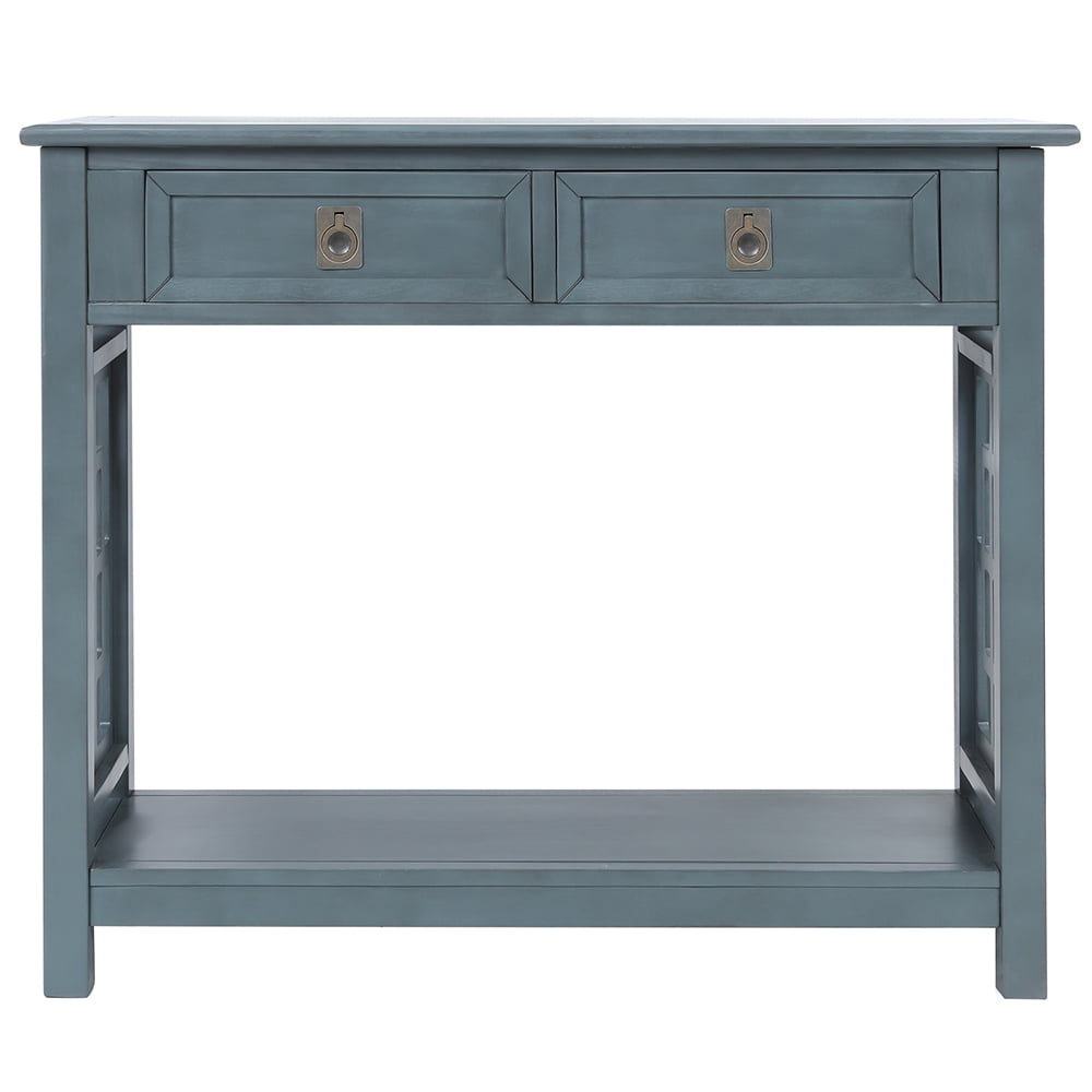 Lowestbest Side Console Table, Solid Wood Console Sofa Table with Bottom Shelf, Entryway Accent Sofa Table with 2 Drawers, Blue