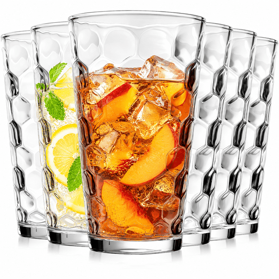 16 oz Drinking Glasses Set of 6, Clear Honeycomb Highball Glass Tumblers with Heavy Base, Textured Bar Glass Cups for Water, Iced Coffee, Cocktails, Beer, Juice and Iced Tea, Dishwasher Safe