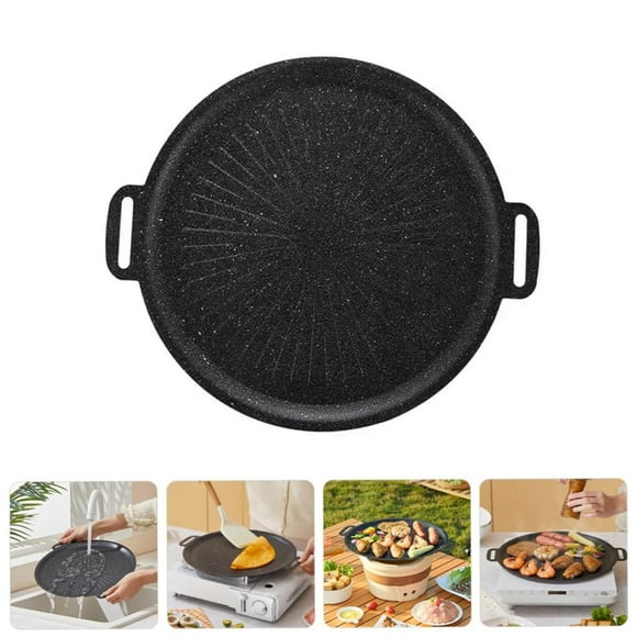 Basiess Poêle-Gril Antiadhésive Coréenne pour Bbq, Plaque Ronde, Poêle de Cuisinière Revêtue de Pierre avec Poignées pour Crêpes, Burgers, Cuisson Extérieure A
