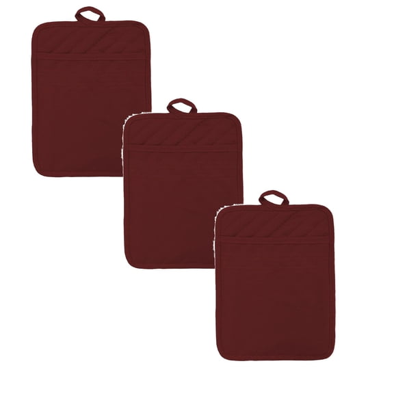 2026 3-Pack Burgundy Cotton Pot Holders – Heat-Resistant Kitchen Hot Pads with Pocket for Oven, Stove & Counter Protection