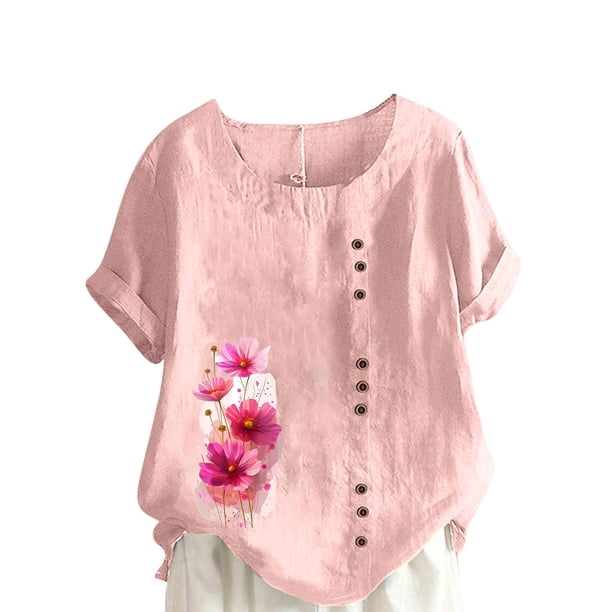 Camisetas de Manga Corta para las Mujeres Impreso Botón de Manga Corta Camiseta Blusa Poliéster, Ropa Casual Mirar Superior para las Mujeres