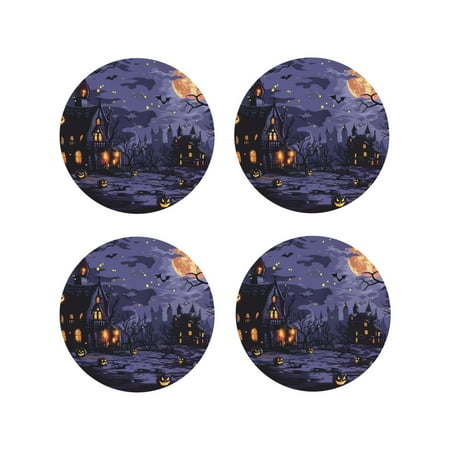 

Junzan Mystery House Halloween Night Print Coasters for Drinks - Leather Coasters Set of 4 for Coffee Table for Housewarming/Kitchen/Bar/Decor-Round Shape
