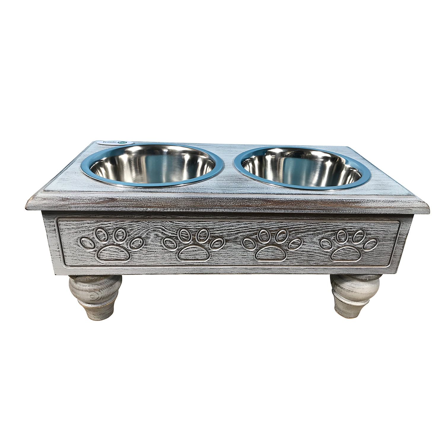 Iconic Pet Raised Wooden Pet Double Diner with Stainless Steel Bowls - Antique Gray - Medium