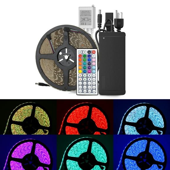 SUPERNIGHT 10M RGB Flexible 32.8ft 600LEDs SMD 5050 LED Strip Light IP65 Waterproof   24V 44-Key IR Controlller   DC 24V 5A Power Adapter