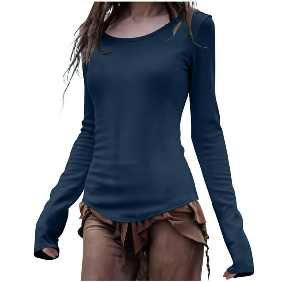Womens Long Sleeve Shirts Crew Neck Stretch Fitted Casual T-Shirt Y2k Going Out Tops Basic Tees Fall Fashion Outfits