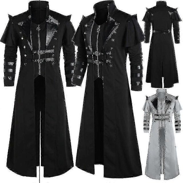 Vintage Halloween Medieval Steampunk Assassin Elves Pirate Costume Adult Men Black Long Split Jacket Gothic Armor Leather Coats!ZZ39
