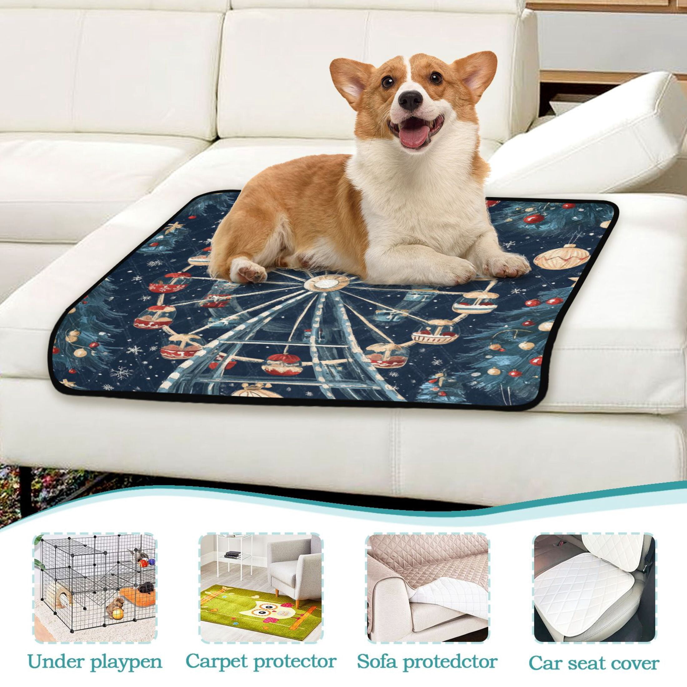 Qxltty Christmas Decorated Ferris Wheel Cat litter Pads Pet Set of 3 Diaper Mats Center Anti-leakage Layer Absorbent Soft and Comfortable