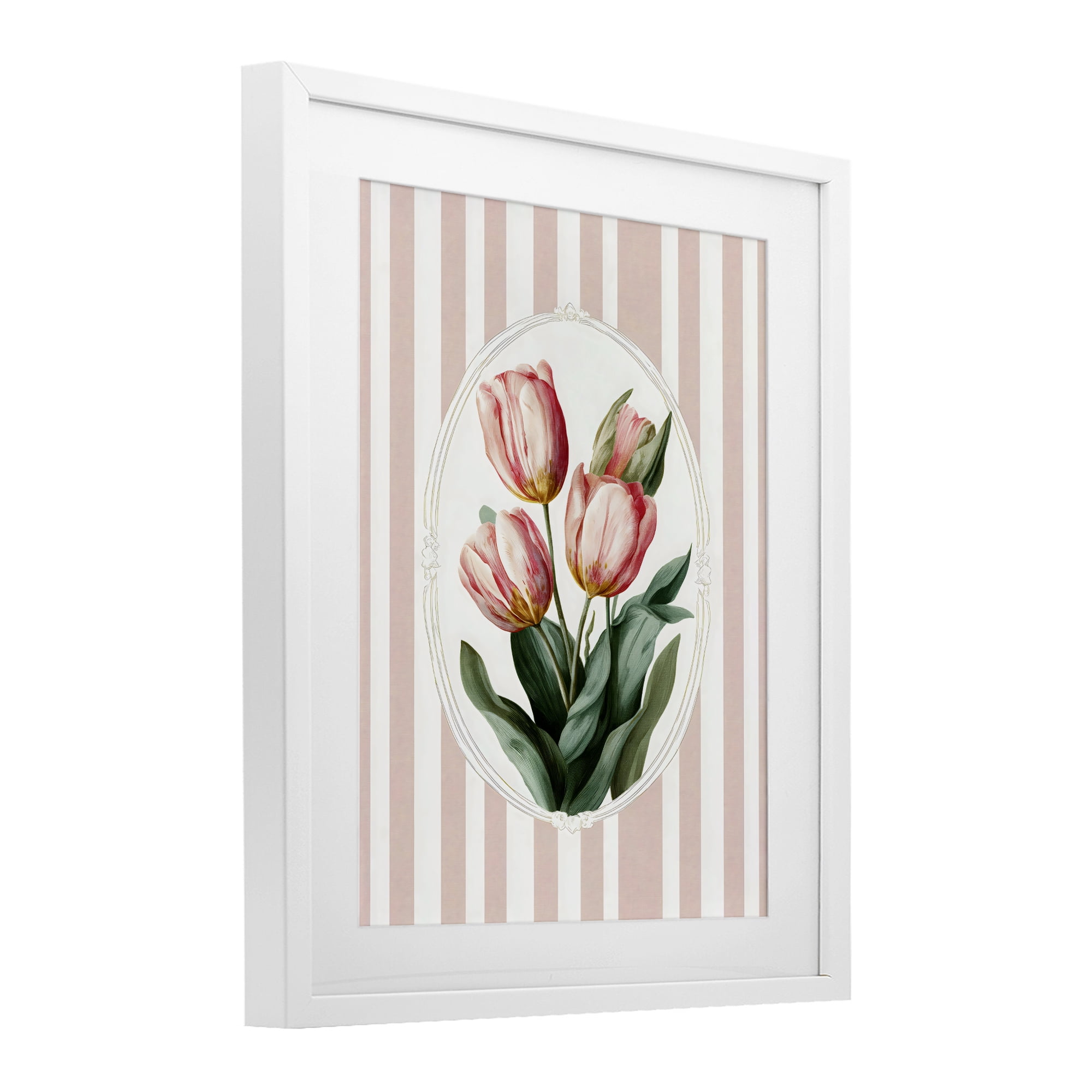 Stupell Industries Vintage Tulips on Stripes White Framed Print Under Glass, design by Ink Drop Loft