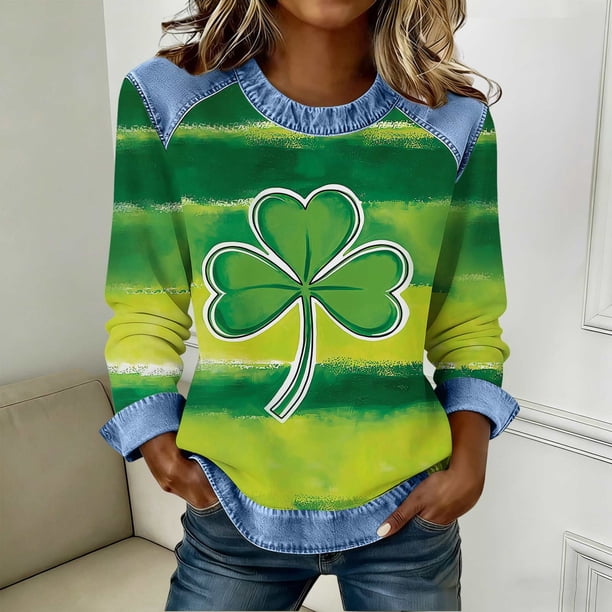 TaTaai Soft Comfy Womens Long Sleeve Shirt St Patrick Print Patchwork Round Neck Solid Color Casual Blouse Spring Daily Holiday Vacation Party Wear Gift