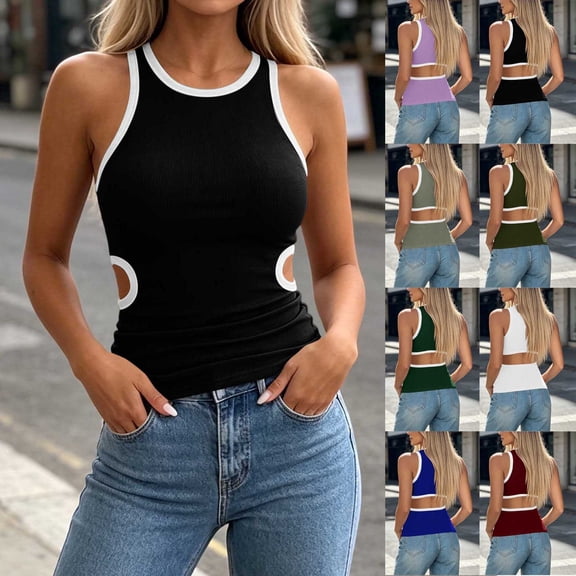 VBVC Women's Contrast Trim Side Cutout Ribbed Tank Top , Ladies' Slim Fit Sleeveless Cami , Summer Y2K Trendy Streetwear Shirt For Women,Black,S-2XL
