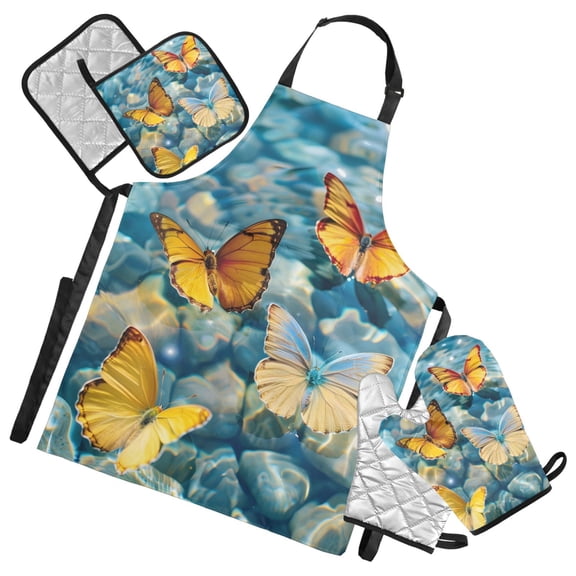 Butterflies on Clear Water 5 Pcs Kitchen Set Heat Resistant Oven Mitts and Non-Slip Pot Holders with Adjustable Cooking Apron