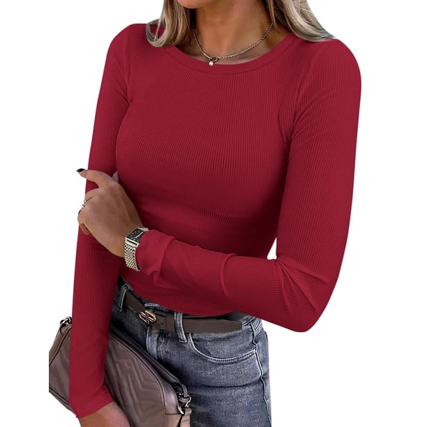 Camiseta PRETTYGARDEN 2025 de Punto Acanalado Manga Larga Roja XL
