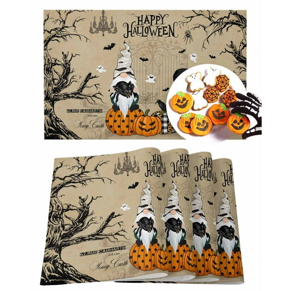 Halloween Placemats Set of 4 Gnome Pumpkin Place Mats Fall Placemat Black Bats Crow Ghosts Cobwebs Castle Table Mats for Dining Kitchen Table Holiday Dinner Party Home Decorations 13x19 Inch