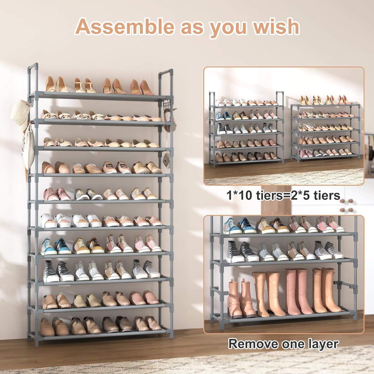 10 Tiers Shoe Rack Tall Large Capacity Wide Shoe Organizer Sturdy Shoe Shelf for Entryway with Two Hooks Metal Shoe Storage for Closet, Bedroom, Grey