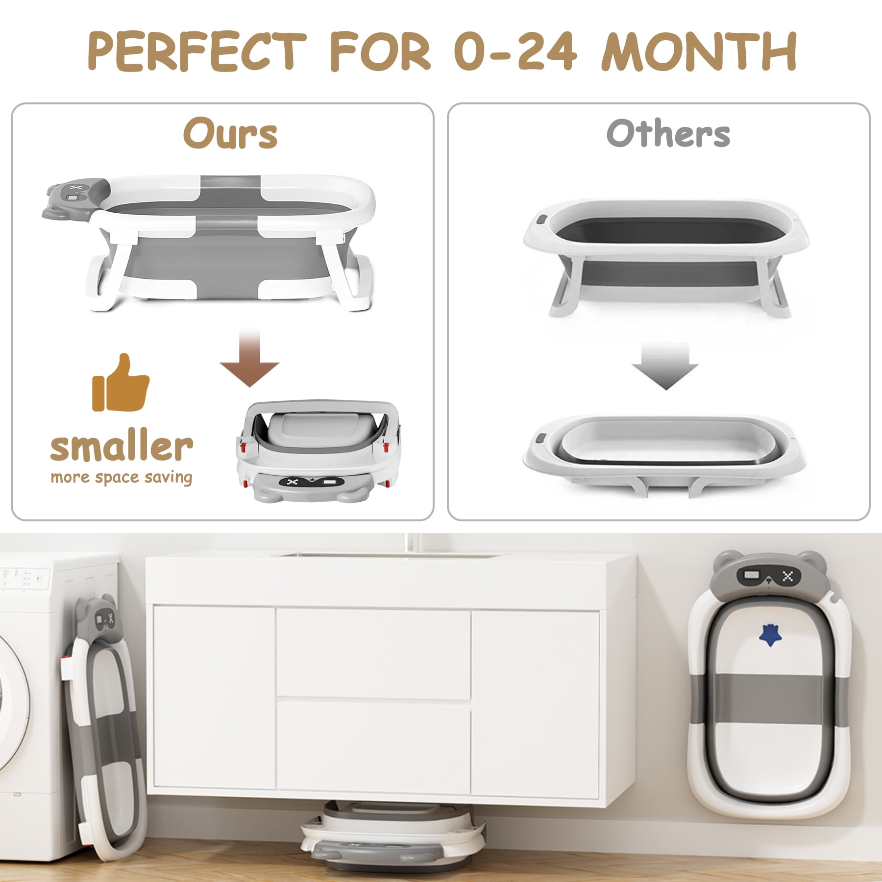 Baby Bathtub, Collapsible Newborn Bathtub for Infant to Toddler 0-1 Year with Soft Cushion+Baby Tub Sling and Thermometer, Portable Travel Bathtub, Foldable Infant Bathtub with No-Slip Feet, Grey