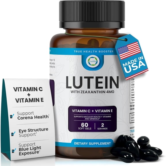 TrueMed Lutein Supplement with Zeaxanthin, Vitamin C & Vitamin E, 20 mg Lutein, 60 Softgels, Eye Health Supplement for Vision Support, Eye Wellness & Daily Eye Care