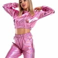 thumbnail image 3 of SWSMCLT Women's Metallic Hoodie Long Sleeve Crop Top Workout Shirt Dance Party Club Hooded Sweatshirt Shiny Cropped Top Pink Small, 3 of 4