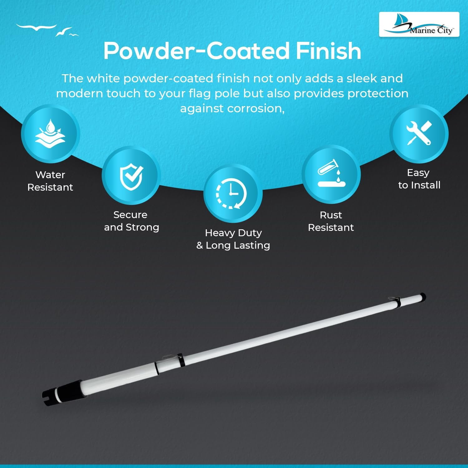 MARINE CITY 41 Inch Flag Pole, White Powder-Coated Aluminum, Corrosion-Resistant with Clips for Easy Flag Attachment, for Outdoor Use, Boats, and Yachts Pack of 1