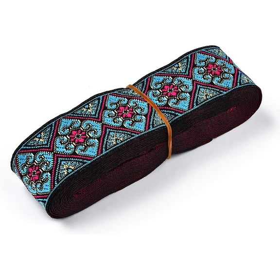 About 16 Yards 1 Inch Vintage Jacquard Ribbon Blue Floral Embroidery Woven Trim Flower Fabric Embroidered Boho Persian Ribbon Trimming for Sewing Making Craft Ramadan Christmas Embellishment