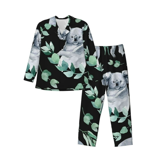 Fotbe Cartoon Koala Bear Pijama de Hombre con Estampado de Manga Larga, Conjunto de 2 Piezas, Ropa de Dormir Suave y Cómoda con Bolsillos-X-Large