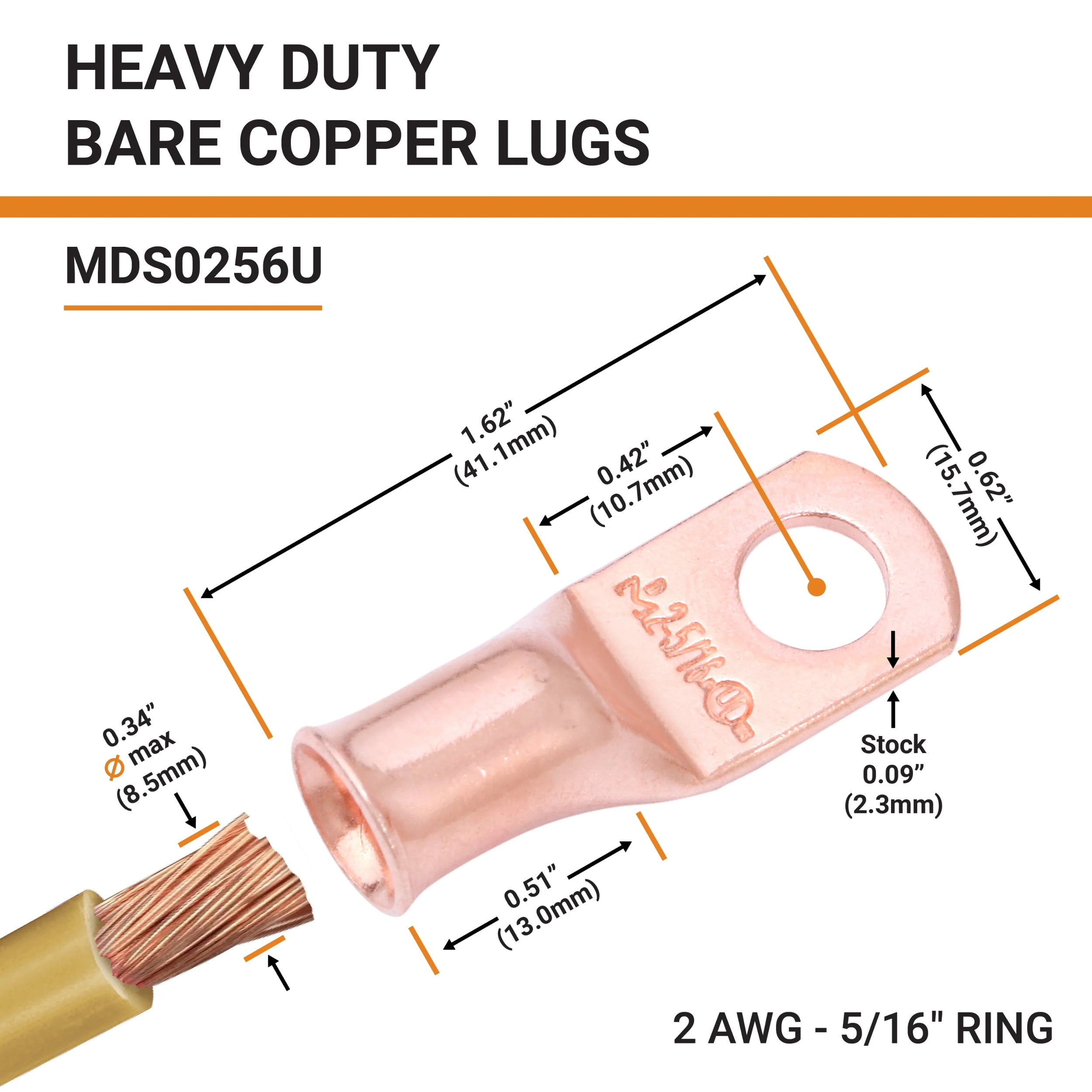 SELTERM 2 AWG 5/16" Ring Battery Cable End Terminal Lugs Bare Copper 25ea