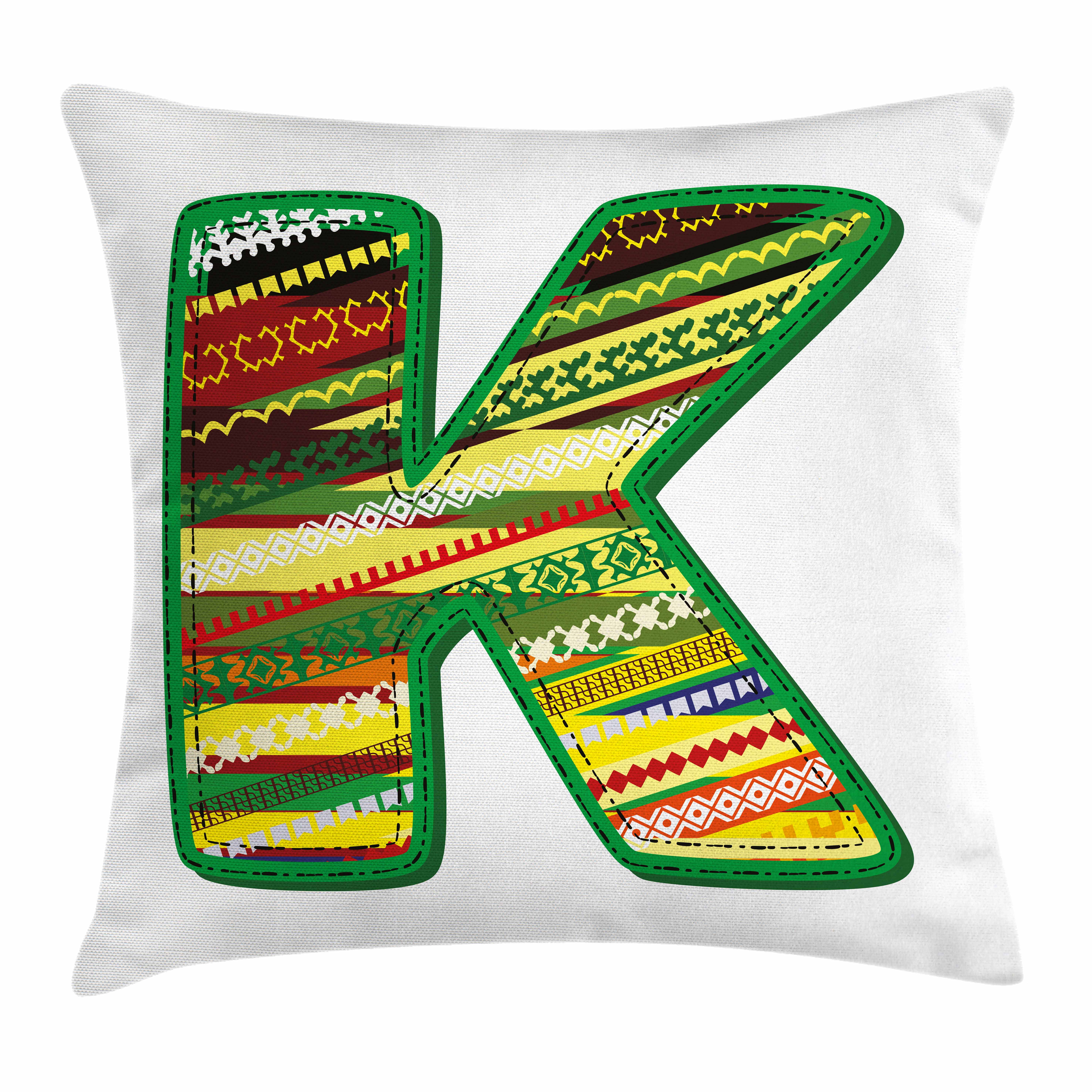 Letter K Throw Pillow Cushion Cover, Words K Letter with Fern Green Fun